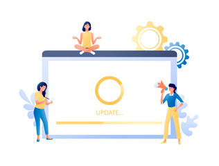 System update, software upgrade process - little people and big screen with message. Modern technology and new app version download, installation in progres. Flat concept vector illustration for web