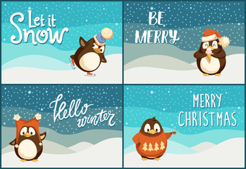 Let it snow, be merry and bright, hello winter and merry Christmas postcards. North pole cartoon penguins in warm winter cloth. Arctic bird with stockings, in Santa hat