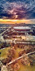 Beautiful panoramic aerial drone view to panorama of Warsaw modern City with skyscraper and The PGE...