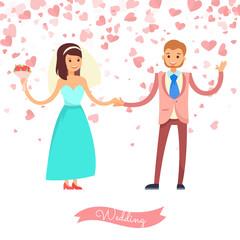 Bride with flowers holding groom, wedding festive vector. Marriage of woman in blue dress and veil, man in suit waving hand. Postcard decorated by hearts
