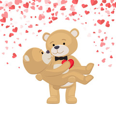 Romantic male bear holding female animal on arms isolated on white background with pink and red hearts. Plush teddy toys in love, happy couple vector