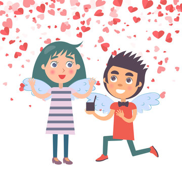 Valentine day, man kneels down with proposal marriage to woman with wings. Postcard decorated by red hearts, angels meeting, couple romantic day vector