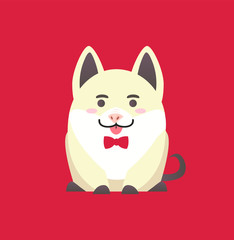 White pig, cute cartoon funny character. Symbol of Chinese horoscope New Year, Illustration of sitting animal with bow in flat style isolated on red vector