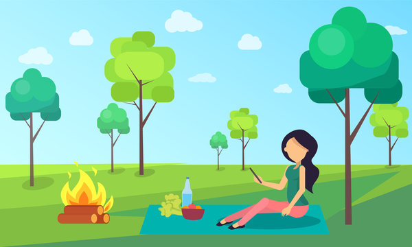 Picnic Of Woman Sitting On Cloth Nature Greenery Vector. Trees And Person Reading Information From Mobile Phone. Basket With Products Veggies Food