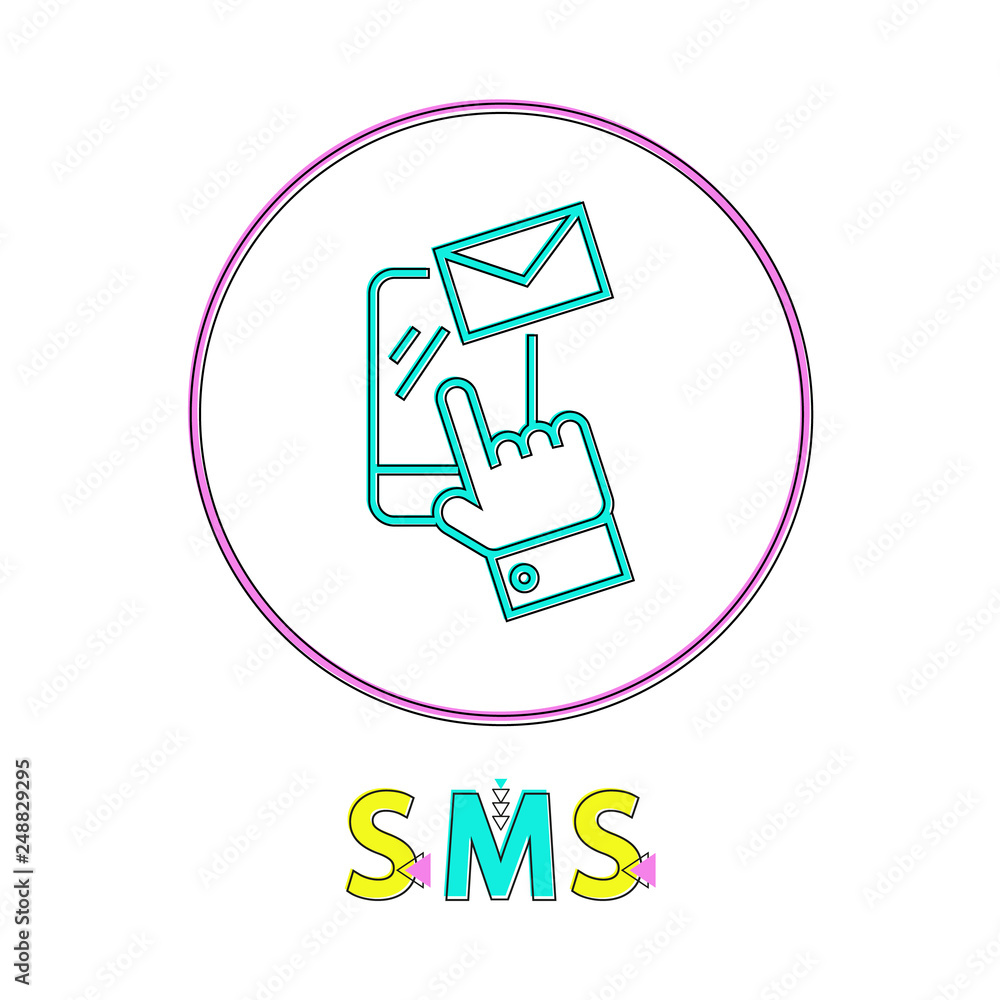 Poster sms round linear icon with smartphone, male hand and small envelope. message exchange service outlin