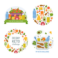 Set of emblems for keto challenge. Ketogenic diet concept. Promotional products. Flat design. Vector illustration.