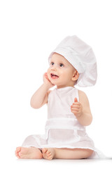 Little Chef. smiling happy baby. Adorable baby boy dressed in s chef's hat. isolated on white. big size resolution. Food banner for text or design