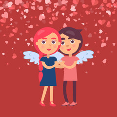 Hugging boyfriend and girlfriend in angel wings symbol of love isolated on burgundy background with flying hearts, vector couple celebrate Valentines day