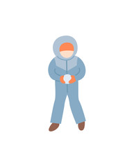 Child making snowball in warm winter-suit with mittens and hat. Kid playing outdoors with snow, vector illustration in flat style , happy boy in winter