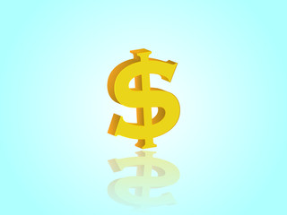 Golden dollar sign for currency with reflection vector illustration on blue background to express investment in the business market