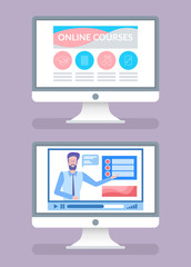Online courses screens with tutors on videos isolated icons set vector. Male teacher showing on list with tasks, global education distant study and files