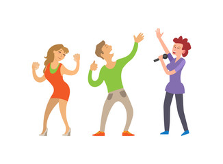 Partying people dancing couple and female singer vector. Clubbing lady and male, boyfriend and girlfriend dancers, singing woman with microphone mic