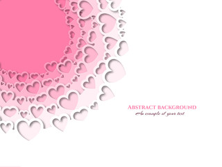 Delicate pink background from hearts in paper cut style. Circular design for greeting cards, wedding invitations, flyers, banners. Vector.
