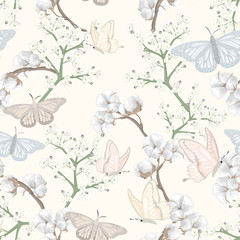 Fototapety  wzór z motylami i kwiatami bawełny