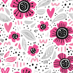 Pink flowers hand drawn vector seamless pattern