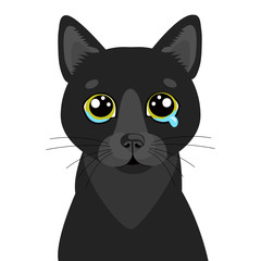 Sad Black Cat Vector Icon. Illustration Of Cute Sad Animal. Drear Crying Black Cat Vector. Crying Cat Emoji. When You Depressed. Flat Design Style, White Background, Isolated.