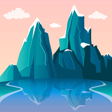 Mountain and lake landscape. Beautiful view on the snow peaks and river with reflection. Pink gradient sky and clouds. Travel concept. Vector illustration. Flat cartoon style.