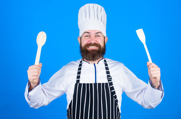 Naklejka premium Great day. Chef man in hat. Secret taste recipe. Vegetarian. Mature chef with beard. Dieting and organic food, vitamin. Healthy food cooking. Bearded man cook in kitchen, culinary