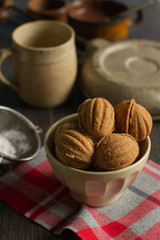 Russian walnut shaped cookies with caramely filling – “Oreshki”