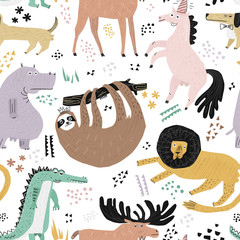 Lazy animals hand drawn color seamless pattern