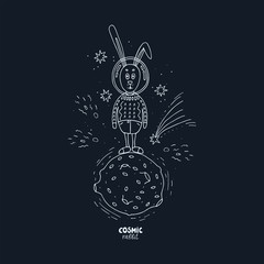 Vector hand drawn illustration with cosmic rabbit on blue background. Rabbit in a suit is on the planet, the stars Shine around.  