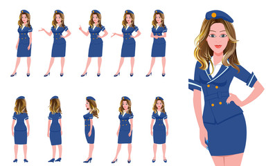 Fototapeta premium Air hostess character model sheet and turnaround