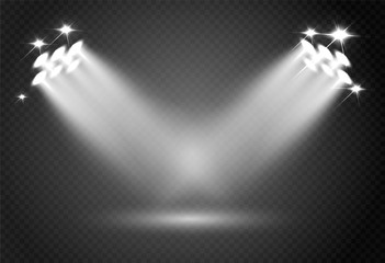 Spotlight effect for theater concert stage. Abstract glowing light of spotlight illuminated on transparent background.