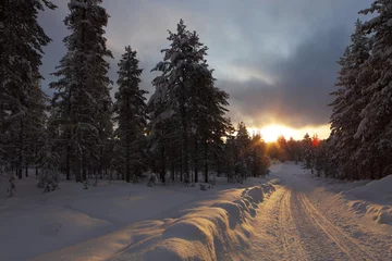 Schneemobilspur bei Sonnenuntergang, Lappland in Finnland © Sofia