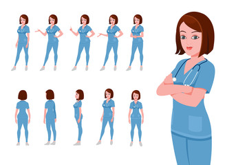 Female doctor character model sheet and turnaround