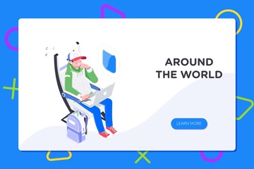 Flier traveler using onboard internet provided by airline.Man using laptop in cabin seat while traveling by airplane illustration.Flat 3d isometric vector illustration