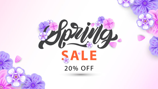 Spring lettering Sale banner with flowers in realistic style. Invitation, posters, brochure, voucher discount. Vector illustration design - Vector