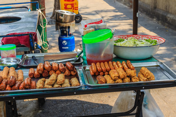Bangkok, Thailand - March 2, 2017: Thai Sausage shop with variety of sausages on street.