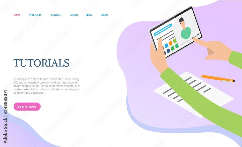Poster tutorials web training, knowledge network vector. lying paper with pen, holding tablet with opening 