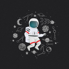 Cartoon astronaut with planets, stars, comet and constellations on a dark background. Exploration, adventure vector illustration. Poster, t-shirt design.