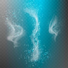 Blue underwater fizzing air bubbles flow on transparent background. Fizzy sparkles in water, sea, aquarium, ocean. Soda pop. Undersea vector texture.