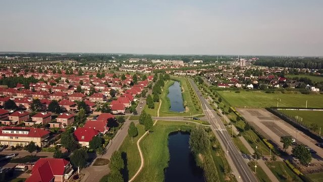Drone view of an area of Dronten along a canal, Flevoland, The Netherlands.