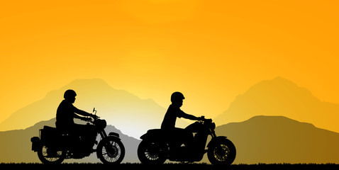 silhouette of friend   with classic motorcycle in sunset