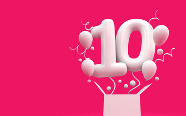 Happy 10th birthday surprise balloon and box. 3D Rendering