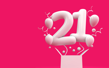 Happy 21st birthday surprise balloon and box. 3D Rendering