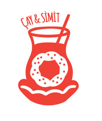 Vector illustration of a traditional turkish food and drink: sesame bagel simit and black tea in an original glass. Red flat icon and logo design for bakery, cafe, restaurant. 