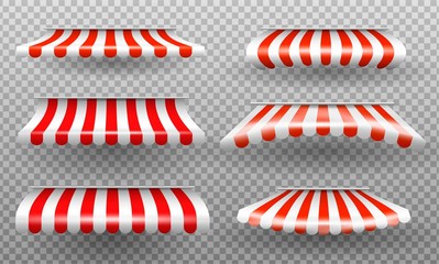 Red and white sunshade. Outdoor awnings for cafe and shop window isolated vector set. Sunshade for market or store. Vector illustration set.