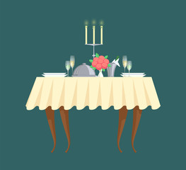 Restaurant table with candlestick and cutlery vector icon. Plates with glasses and bouquet, champagne in bucket with ice, romantic dinner or banquet