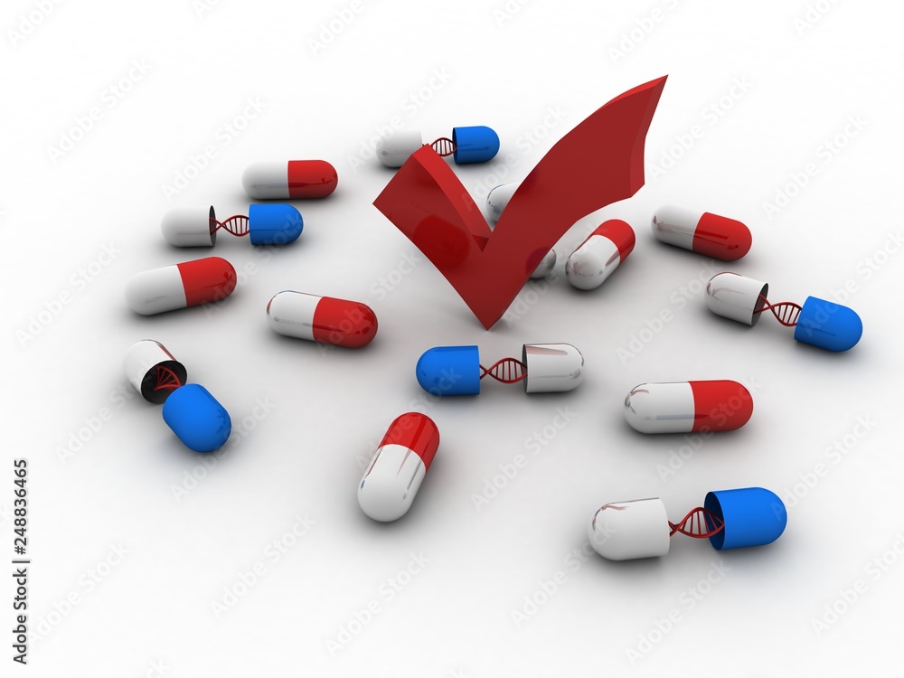 Aufkleber 3d rendering checkbox tick with dna pills illustration