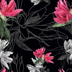 Behang peonies watercolor seamless pattern on black background © HappyLarusArt