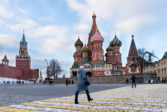 Moscow, red square in winter, St. Basil's Cathedral, the Kremlin, people walk