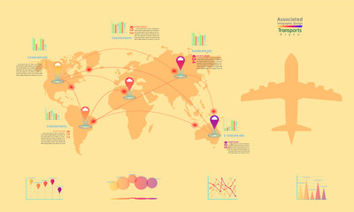 plane transports associated company factory world map mark point infographic design with summary graph chart data egg tone vector illustration eps10