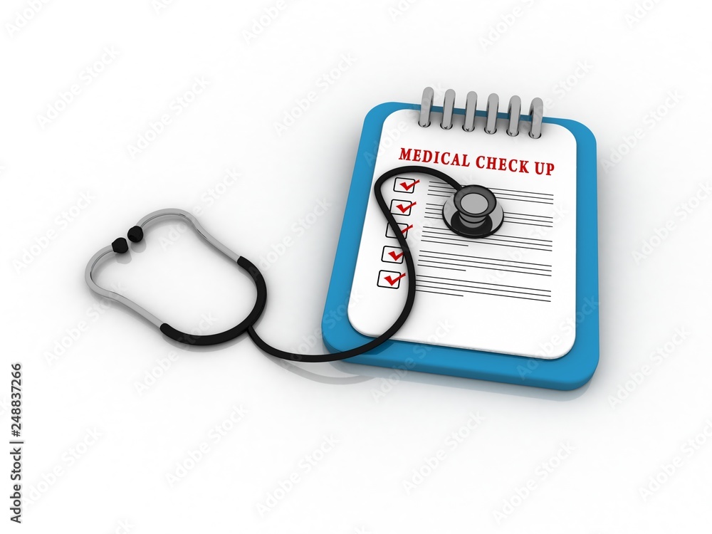Poster 3d rendering stethoscope with document