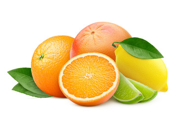 citrus, mix, lemon, orange, lime, grapefruit isolated on white background, clipping path, full...