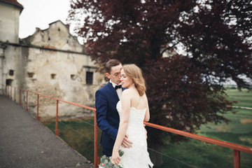 Beautiful romantic wedding couple of newlyweds hugging near old castle