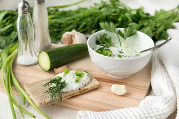 Greek yogurt salad with herbs, cucumber and spices, zaziki,